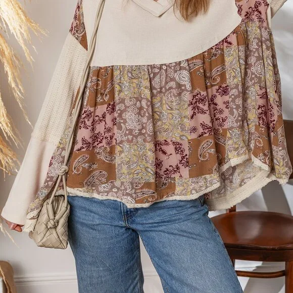 B296 Beige Paisley Print Waffle Patchwork Long Sleeve Loose Top - Picture 4 of 5